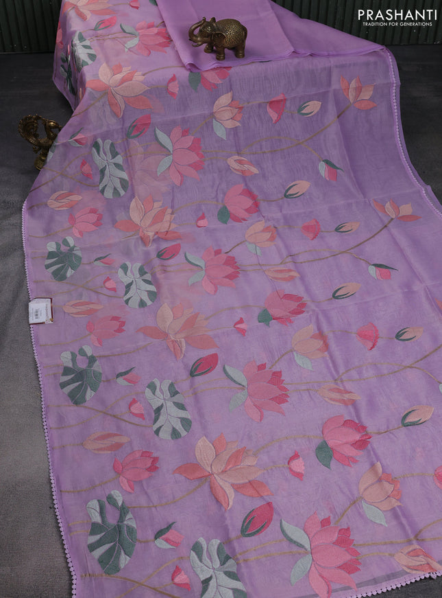 Chanderi tissue saree lavender with allover floral embroidery and lace work border