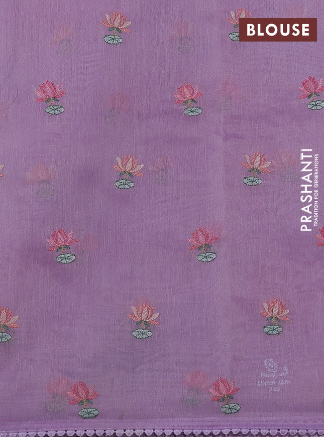 Chanderi tissue saree lavender with allover floral embroidery and lace work border