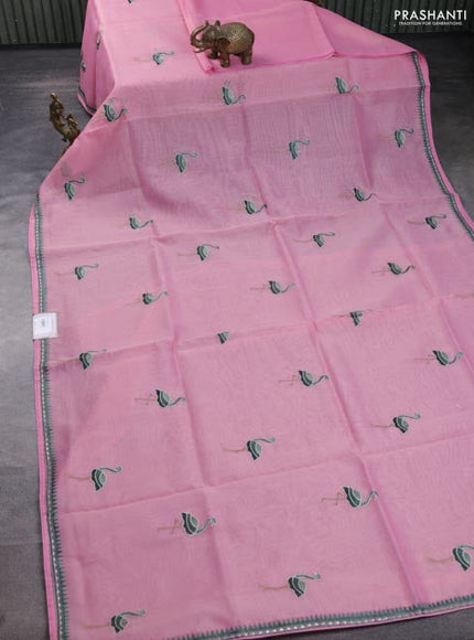 Chanderi tissue saree peach pink with embroidery buttas and simple temple design border