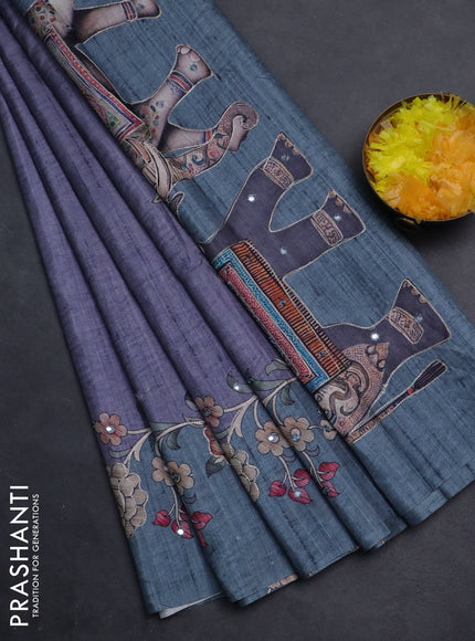 Semi tussar silk saree bluish grey and teal blue with plain body and kalamkari prints & pita work