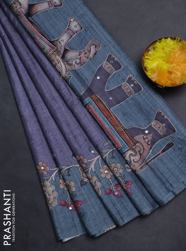 Semi tussar silk saree bluish grey and teal blue with plain body and kalamkari prints & pita work