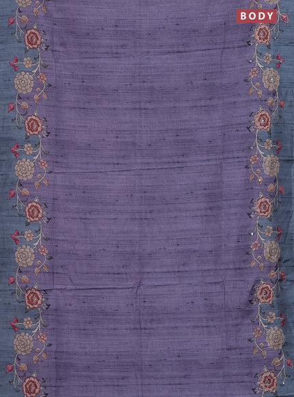 Semi tussar silk saree bluish grey and teal blue with plain body and kalamkari prints & pita work