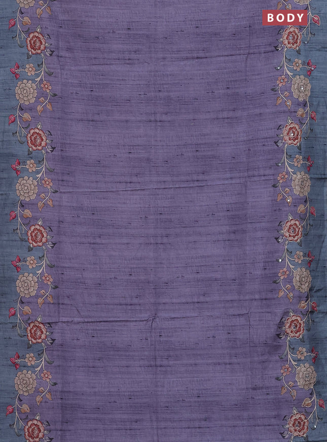 Semi tussar silk saree bluish grey and teal blue with plain body and kalamkari prints & pita work