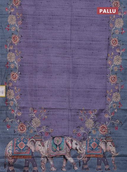 Semi tussar silk saree bluish grey and teal blue with plain body and kalamkari prints & pita work