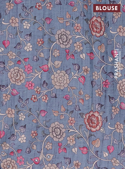 Semi tussar silk saree bluish grey and teal blue with plain body and kalamkari prints & pita work