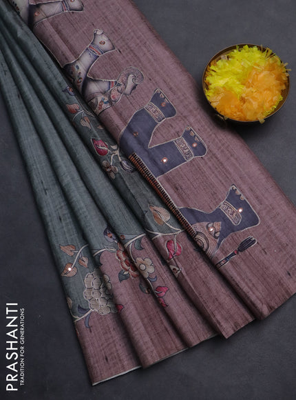 Semi tussar silk saree sap green shade and brown shade with plain body and kalamkari prints & pita work