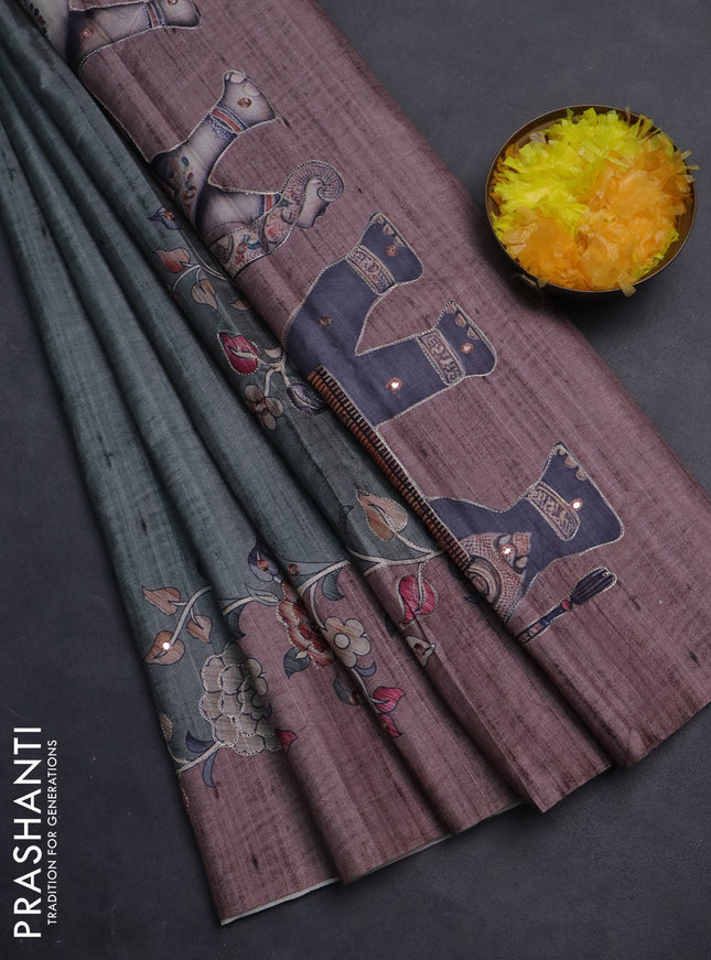 Semi tussar silk saree sap green shade and brown shade with plain body and kalamkari prints & pita work
