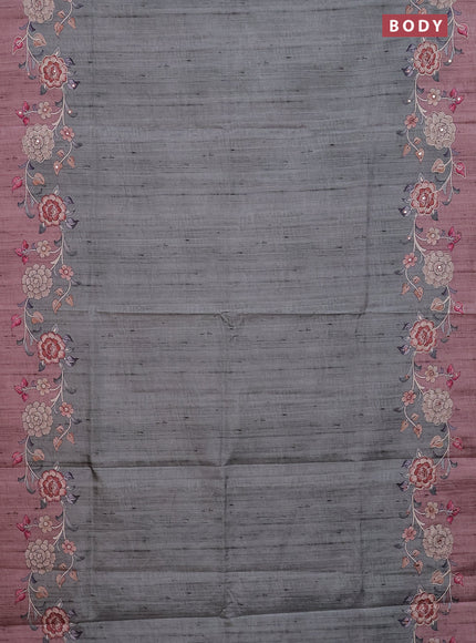 Semi tussar silk saree sap green shade and brown shade with plain body and kalamkari prints & pita work