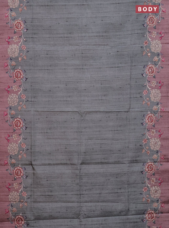 Semi tussar silk saree sap green shade and brown shade with plain body and kalamkari prints & pita work