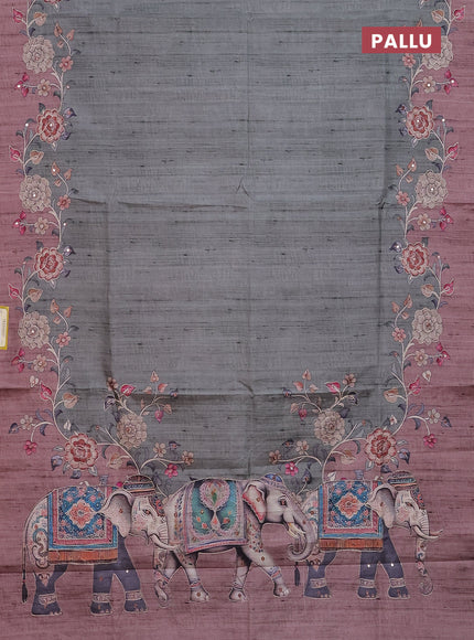 Semi tussar silk saree sap green shade and brown shade with plain body and kalamkari prints & pita work