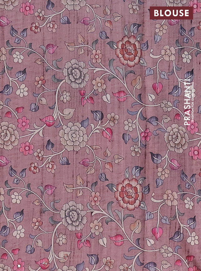 Semi tussar silk saree sap green shade and brown shade with plain body and kalamkari prints & pita work