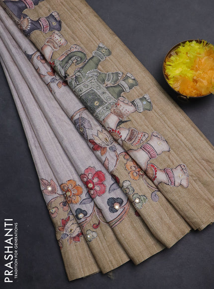 Semi tussar silk saree beige and dark sandal with plain body and kalamkari prints & pita work