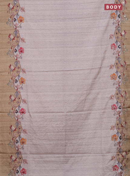 Semi tussar silk saree beige and dark sandal with plain body and kalamkari prints & pita work
