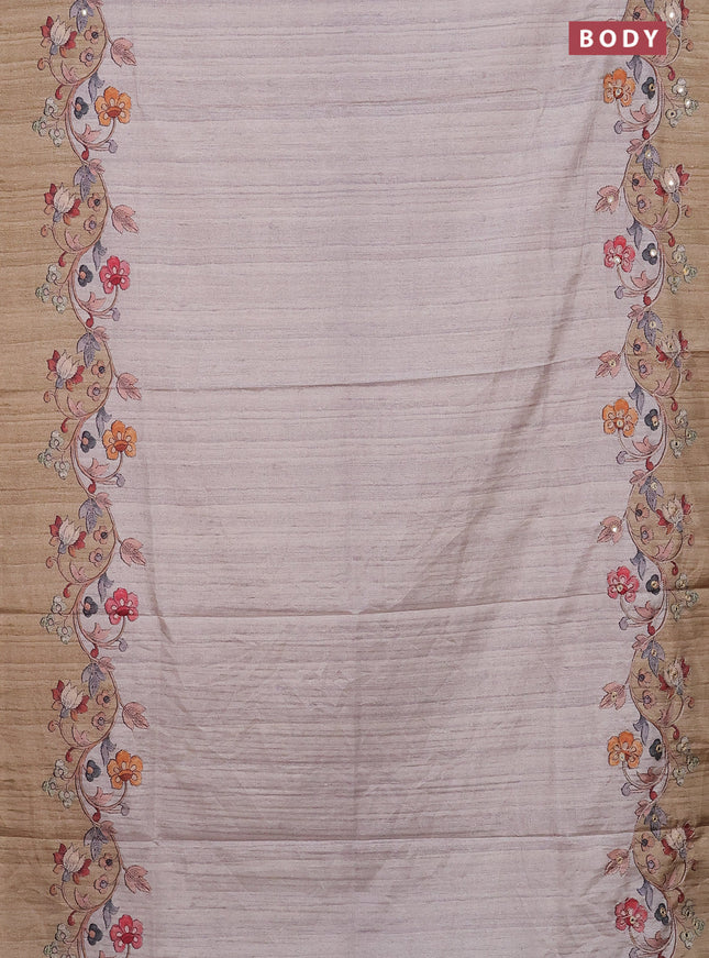 Semi tussar silk saree beige and dark sandal with plain body and kalamkari prints & pita work