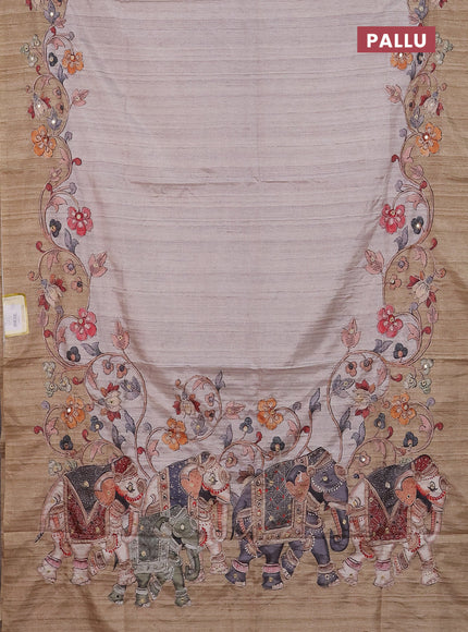 Semi tussar silk saree beige and dark sandal with plain body and kalamkari prints & pita work