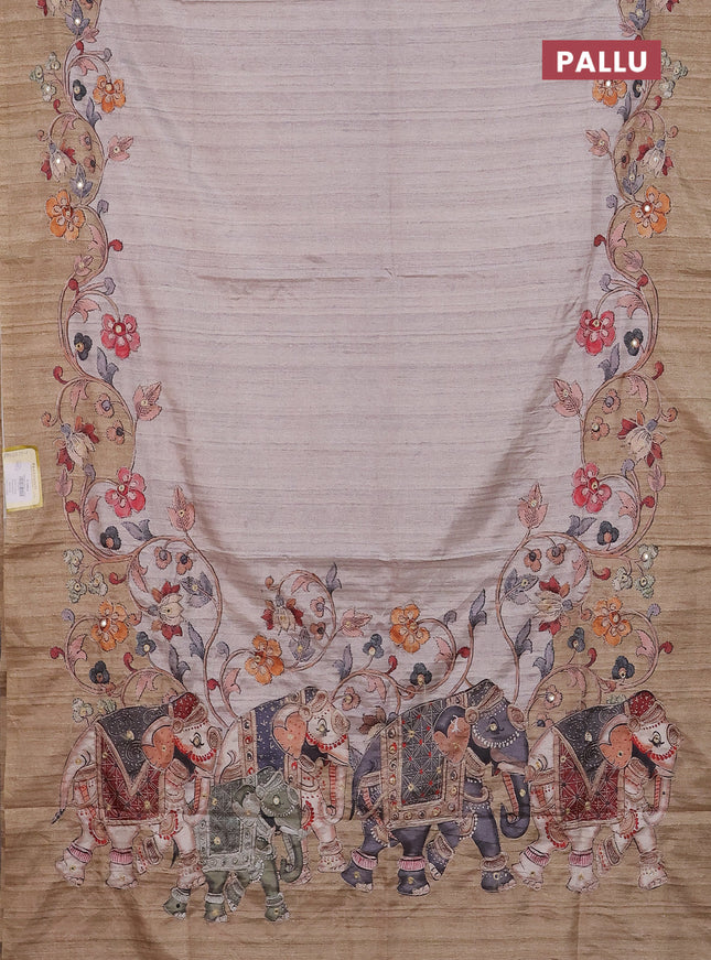 Semi tussar silk saree beige and dark sandal with plain body and kalamkari prints & pita work