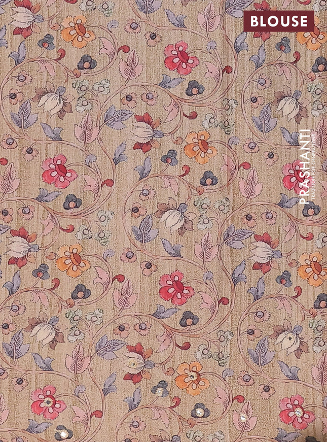 Semi tussar silk saree beige and dark sandal with plain body and kalamkari prints & pita work