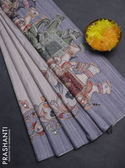 Semi tussar silk saree beige and grey with plain body and kalamkari prints & pita work