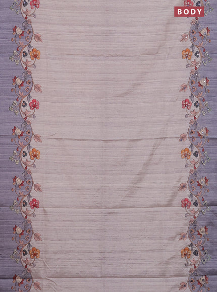 Semi tussar silk saree beige and grey with plain body and kalamkari prints & pita work