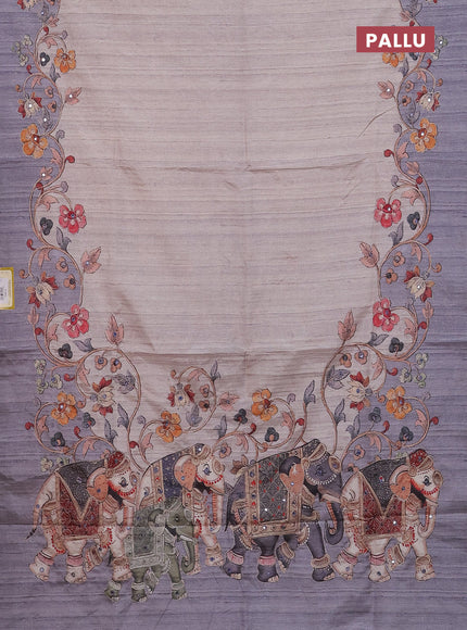 Semi tussar silk saree beige and grey with plain body and kalamkari prints & pita work