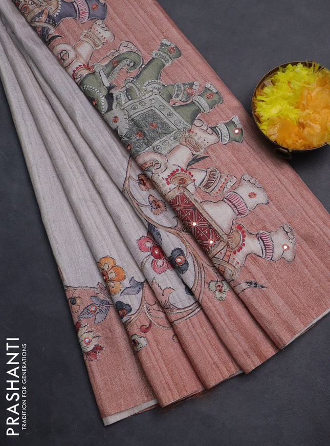 Semi tussar silk saree beige and rust shade with plain body and kalamkari prints & pita work