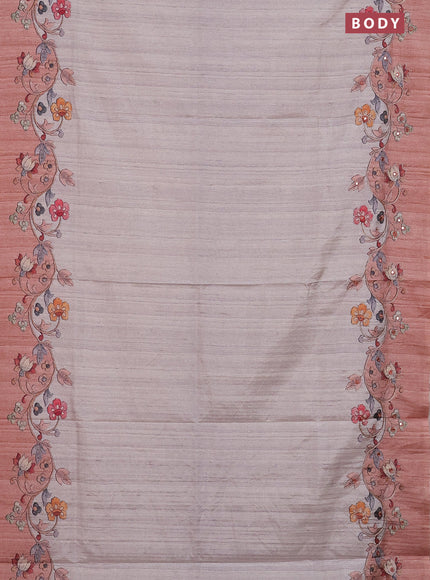 Semi tussar silk saree beige and rust shade with plain body and kalamkari prints & pita work