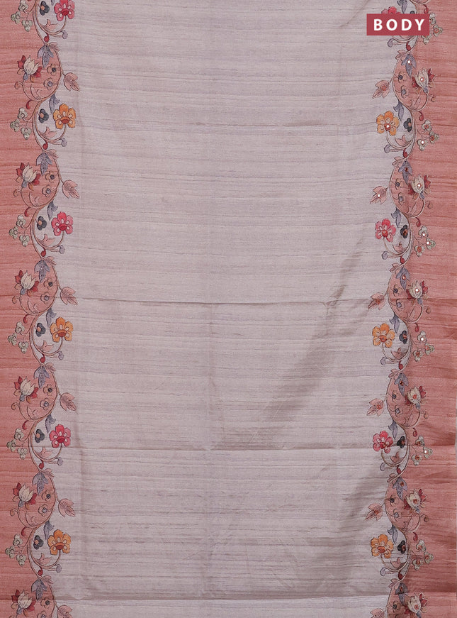 Semi tussar silk saree beige and rust shade with plain body and kalamkari prints & pita work