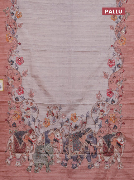 Semi tussar silk saree beige and rust shade with plain body and kalamkari prints & pita work