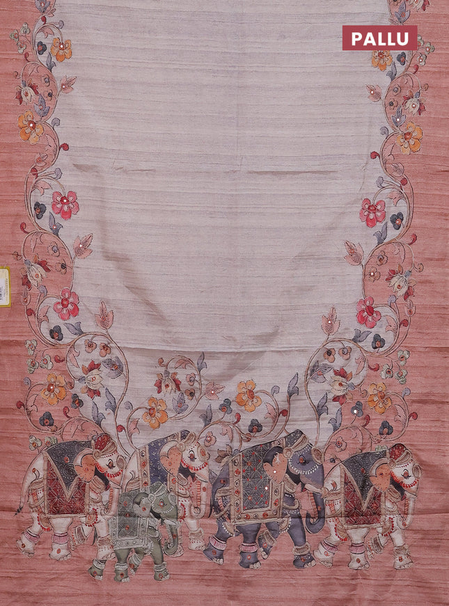 Semi tussar silk saree beige and rust shade with plain body and kalamkari prints & pita work