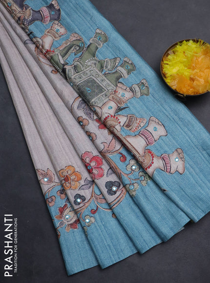 Semi tussar silk saree beige and teal blue with plain body and kalamkari prints & pita work