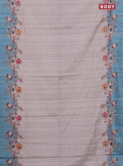Semi tussar silk saree beige and teal blue with plain body and kalamkari prints & pita work
