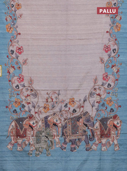 Semi tussar silk saree beige and teal blue with plain body and kalamkari prints & pita work