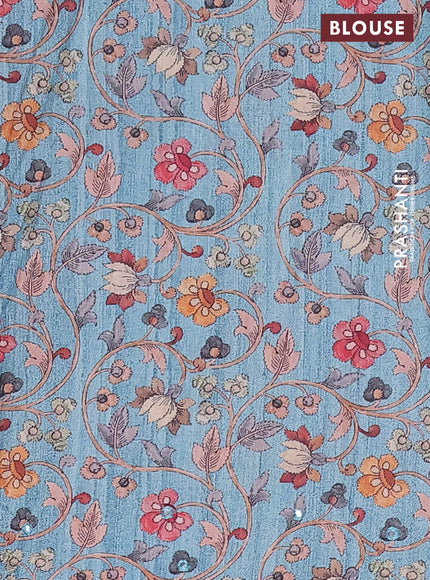 Semi tussar silk saree beige and teal blue with plain body and kalamkari prints & pita work