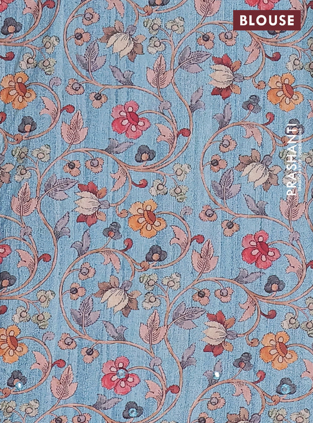 Semi tussar silk saree beige and teal blue with plain body and kalamkari prints & pita work