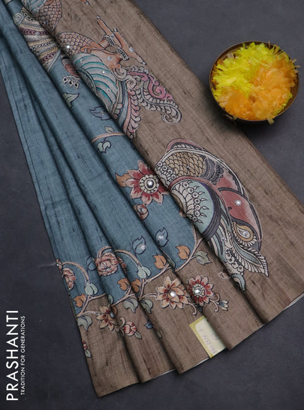 Semi tussar silk saree teal green and chikku shade with plain body and kalamkari prints & pita work