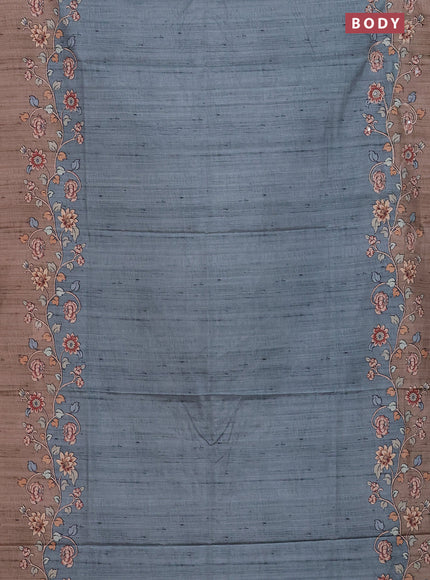 Semi tussar silk saree teal green and chikku shade with plain body and kalamkari prints & pita work