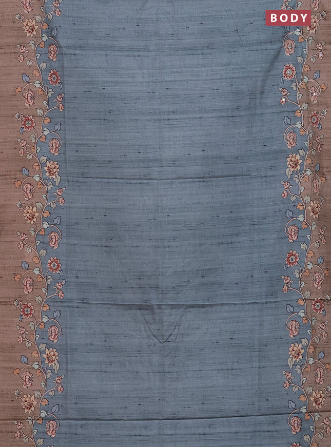 Semi tussar silk saree teal green and chikku shade with plain body and kalamkari prints & pita work