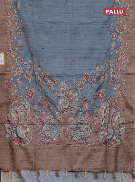 Semi tussar silk saree teal green and chikku shade with plain body and kalamkari prints & pita work