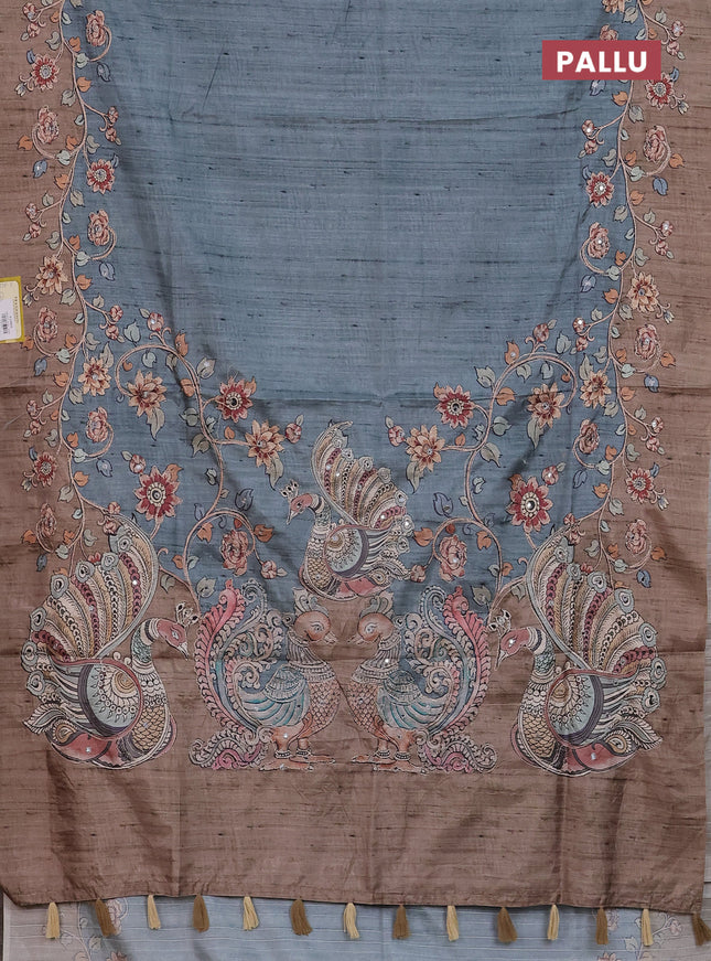 Semi tussar silk saree teal green and chikku shade with plain body and kalamkari prints & pita work