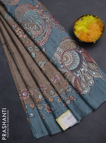 Semi tussar silk saree chikku shade and teal shade with plain body and kalamkari prints & pita work