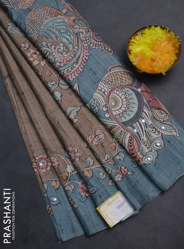 Semi tussar silk saree chikku shade and teal shade with plain body and kalamkari prints & pita work