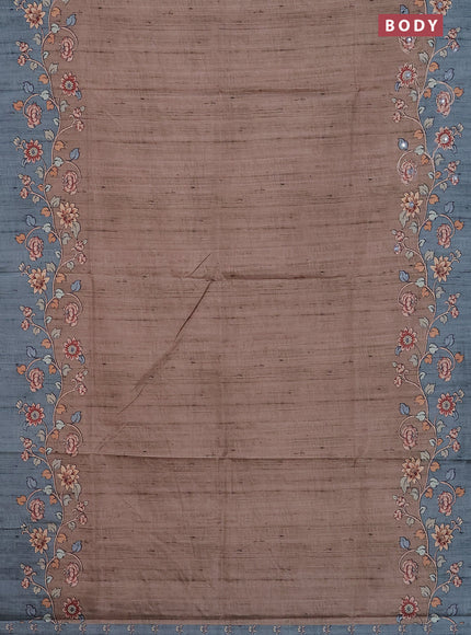 Semi tussar silk saree chikku shade and teal shade with plain body and kalamkari prints & pita work