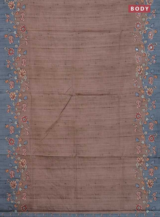 Semi tussar silk saree chikku shade and teal shade with plain body and kalamkari prints & pita work