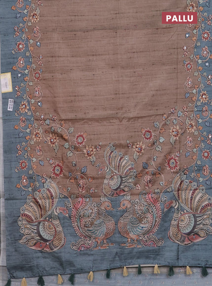 Semi tussar silk saree chikku shade and teal shade with plain body and kalamkari prints & pita work