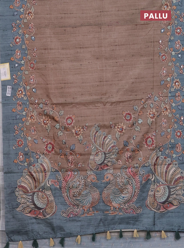 Semi tussar silk saree chikku shade and teal shade with plain body and kalamkari prints & pita work