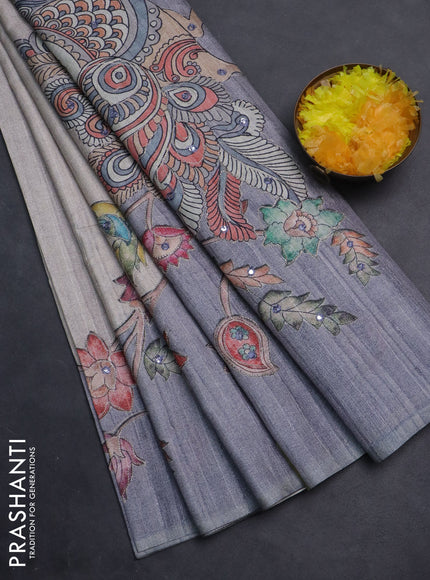 Semi tussar silk saree beige and grey shade with plain body and kalamkari prints & pita work