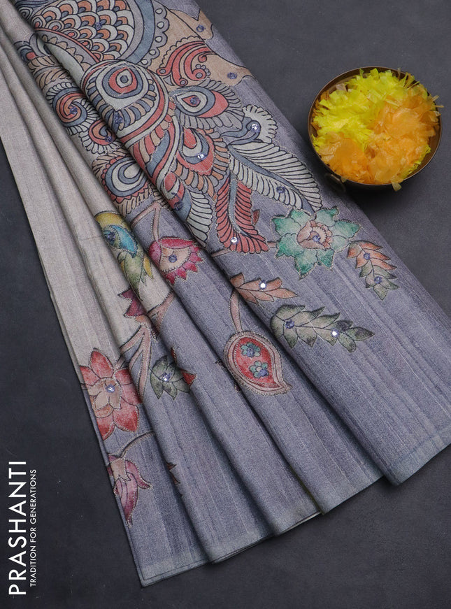 Semi tussar silk saree beige and grey shade with plain body and kalamkari prints & pita work