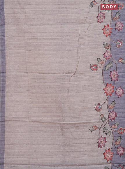 Semi tussar silk saree beige and grey shade with plain body and kalamkari prints & pita work
