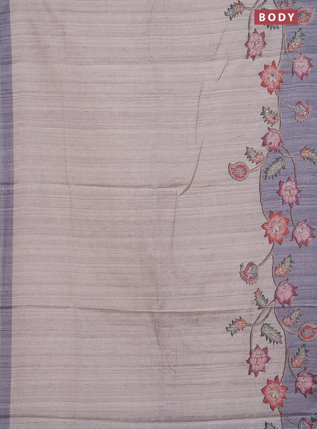 Semi tussar silk saree beige and grey shade with plain body and kalamkari prints & pita work