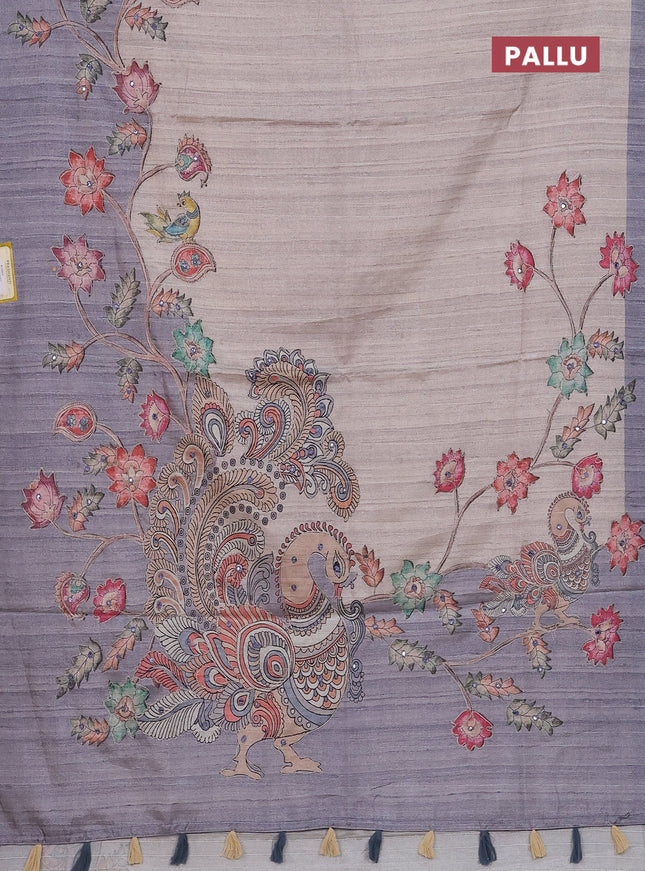 Semi tussar silk saree beige and grey shade with plain body and kalamkari prints & pita work